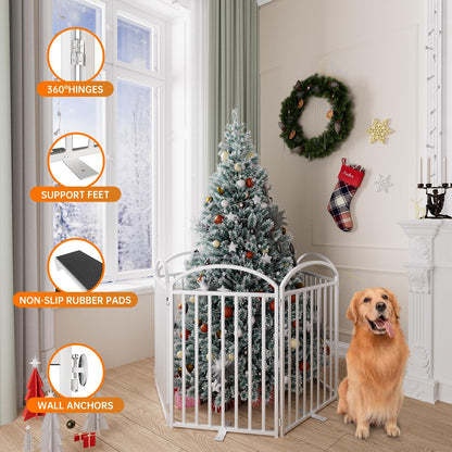 SNUOWU 4 Panels Full Matel Freestanding Dog Gates with Door, 96"Extra Wide 32"Tall Free Standing Dog Pet Gate for Indoor & Outdoor. Foldable Pet Fences for Doorways, House, Stairs, Porch, Deck, Yard