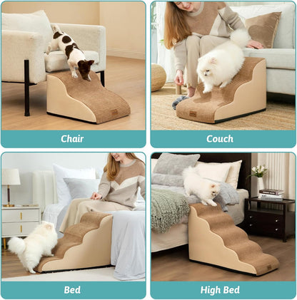 COZY KISS Dog Stairs for Small Dogs 15.7" H, Curved Dog Step for Puppy, Older Cat, Medium Pet Ramp for Sofa, Couch or Chair, Ladder with High Density Foam, 3 Step, 15.7x22.4x15.7 inch, Beige