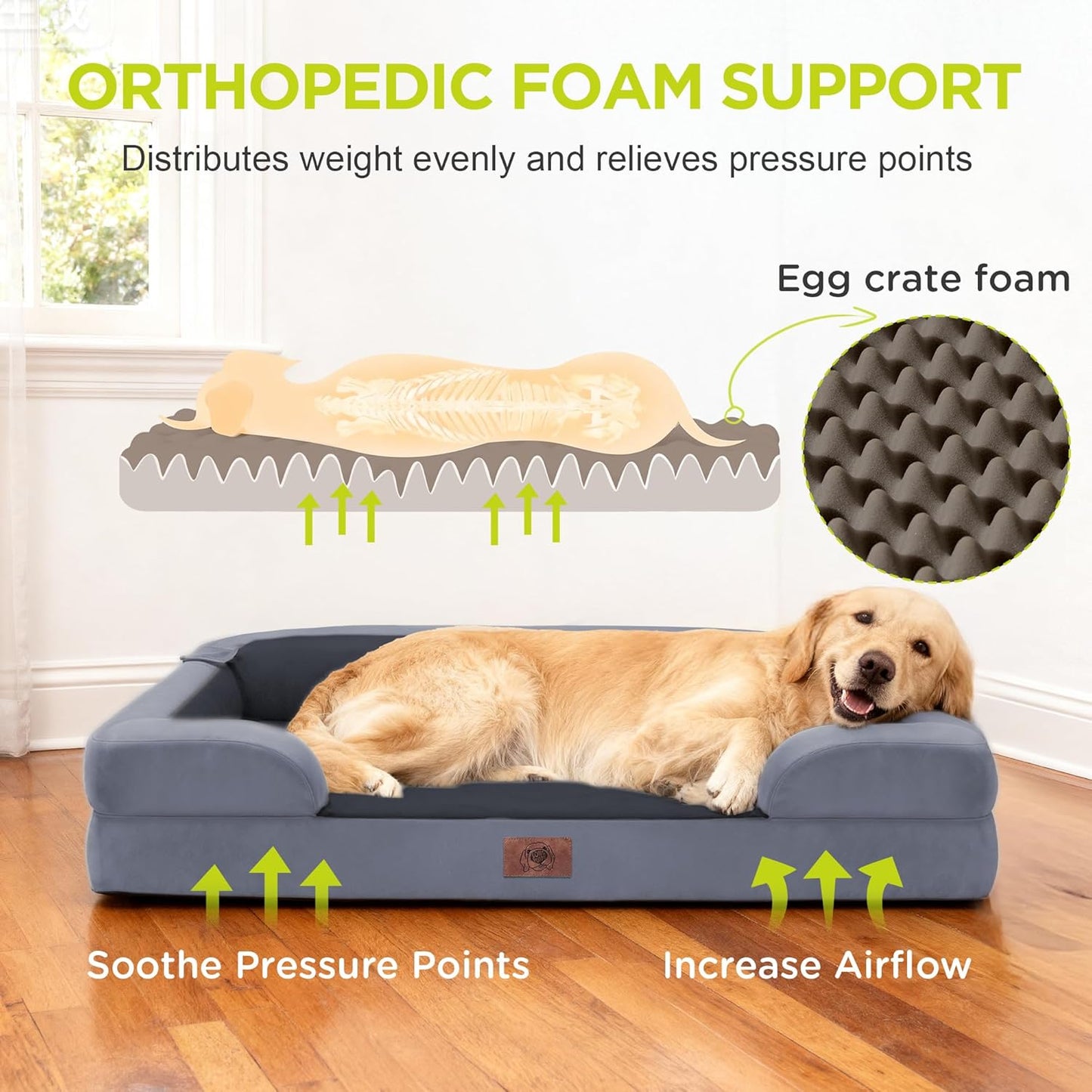 Extra Large Dog Bed, Orthopedic XL Washable Memory Foam Bed for Big Dogs Waterproof Pet Couch Sofa Bolster with Removable Cover, Non-Slip Bottom, Tennis Ball Toy, 42x30