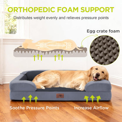 Extra Large Dog Bed, Orthopedic XL Washable Memory Foam Bed for Big Dogs Waterproof Pet Couch Sofa Bolster with Removable Cover, Non-Slip Bottom, Tennis Ball Toy, 42x30
