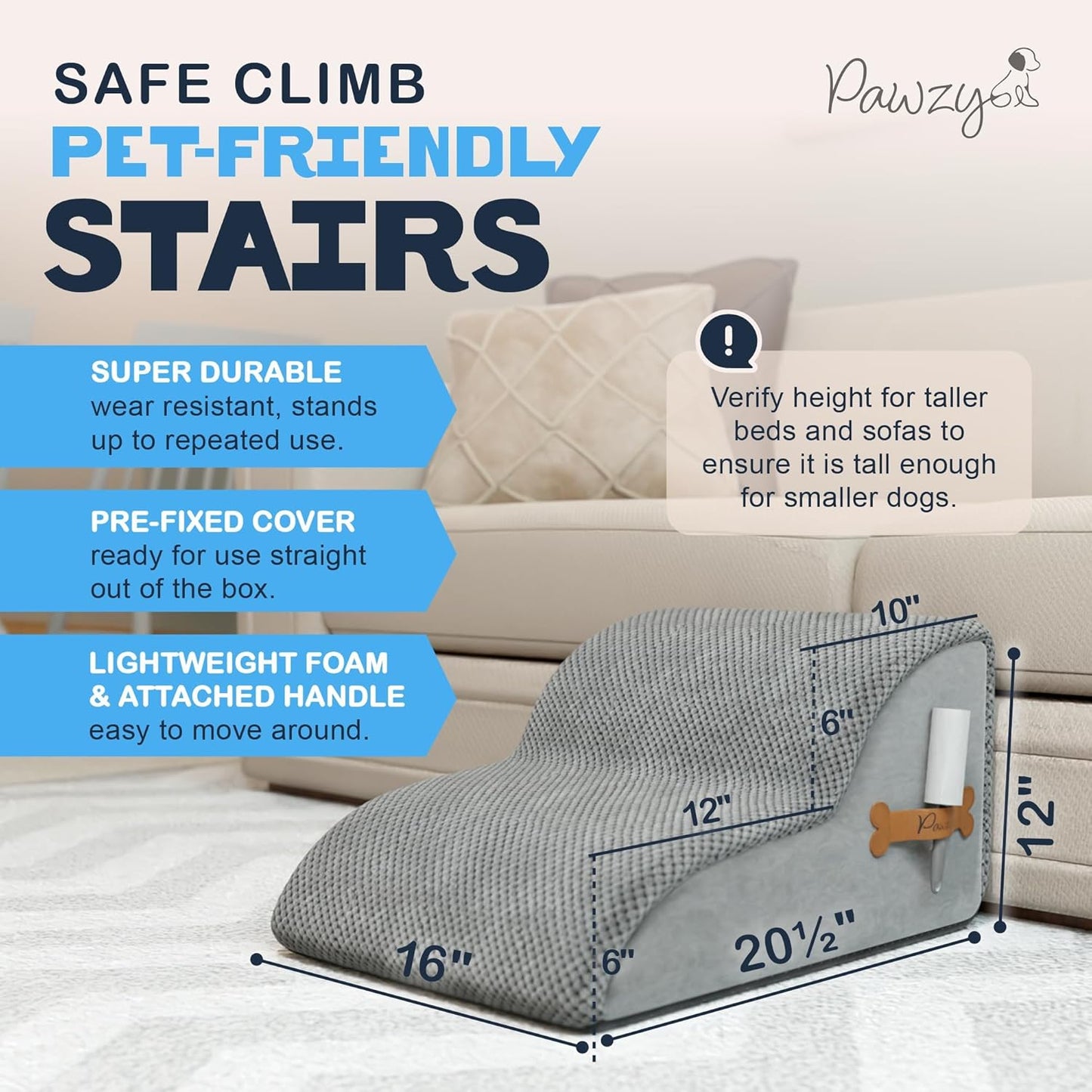 PAWZY Dog Stairs for Medium-Height Beds & Couches, 3-Step Foam Pet Steps 15.5” High for Small Dogs & Cats up to 60 lbs, Wide Non-Slip, Waterproof Washable Zipper Cover, No Assembly, Grey
