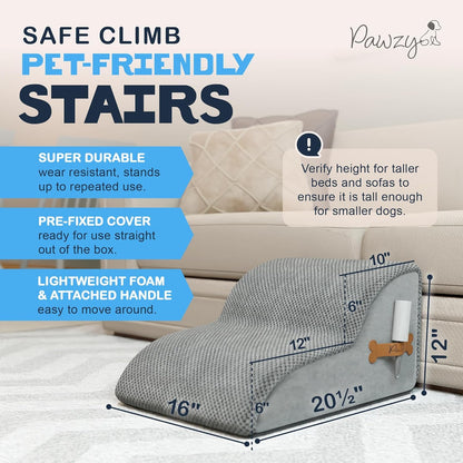 PAWZY Dog Stairs for Medium-Height Beds & Couches, 3-Step Foam Pet Steps 15.5” High for Small Dogs & Cats up to 60 lbs, Wide Non-Slip, Waterproof Washable Zipper Cover, No Assembly, Grey