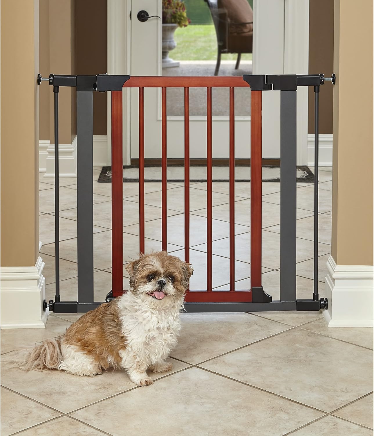 MidWest Homes for Pets 39-Inch High Walk-Thru Pressure Mounted Steel Dog Gate, Expands to 38 Inches Wide, Includes 3-inch Extensions, Textured Graphite
