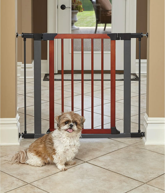 MidWest Homes for Pets 39-Inch High Walk-Thru Pressure Mounted Steel Dog Gate, Expands to 38 Inches Wide, Includes 3-inch Extensions, Textured Graphite