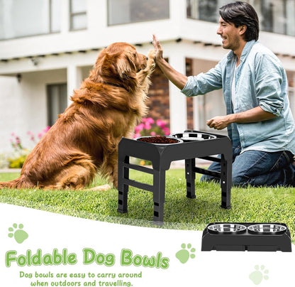 Elevated Raised Dog Bowl Stand with 2 Stainless Steel Bowls, Adjustable Height for Medium Large Dogs, 12.36" - 3.7" Foldable Feeder, Grey
