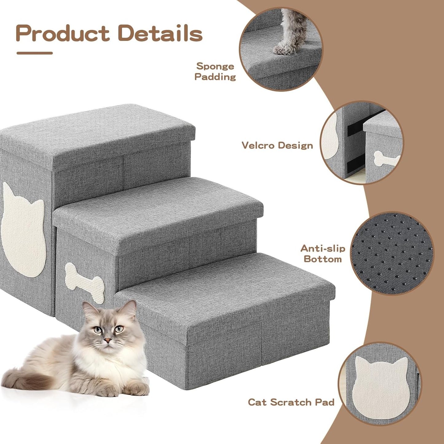 Wider Dog Steps for Bed 17" H, Foldable Dog Stairs with Storage, Non-Slip Pet Steps for Small Medium Large Dogs, Arthritis-Friendly Pet Stairs for Couch and Car Up to 200 lbs, Grey, 3 Steps