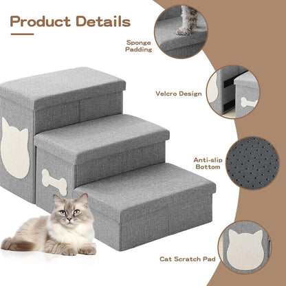 Wider Dog Steps for Bed 17" H, Foldable Dog Stairs with Storage, Non-Slip Pet Steps for Small Medium Large Dogs, Arthritis-Friendly Pet Stairs for Couch and Car Up to 200 lbs, Grey, 3 Steps