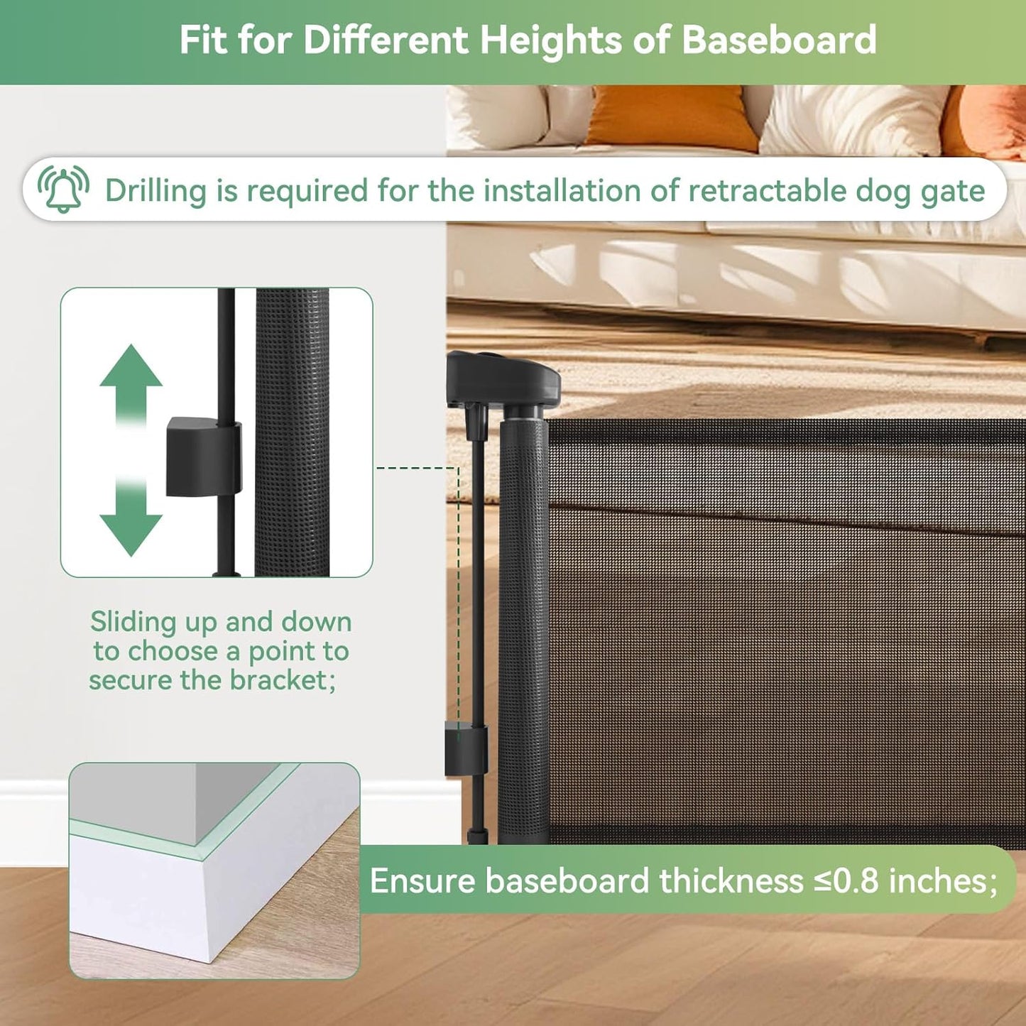 Short Dog Gate, 14" H Retractable Dog Gates, Mesh Retractable Step Over Pet Gates Puppy Gate, Extended up to 55" Wide for Stairs & Doorways Hallways - Drilling Required (Grey)