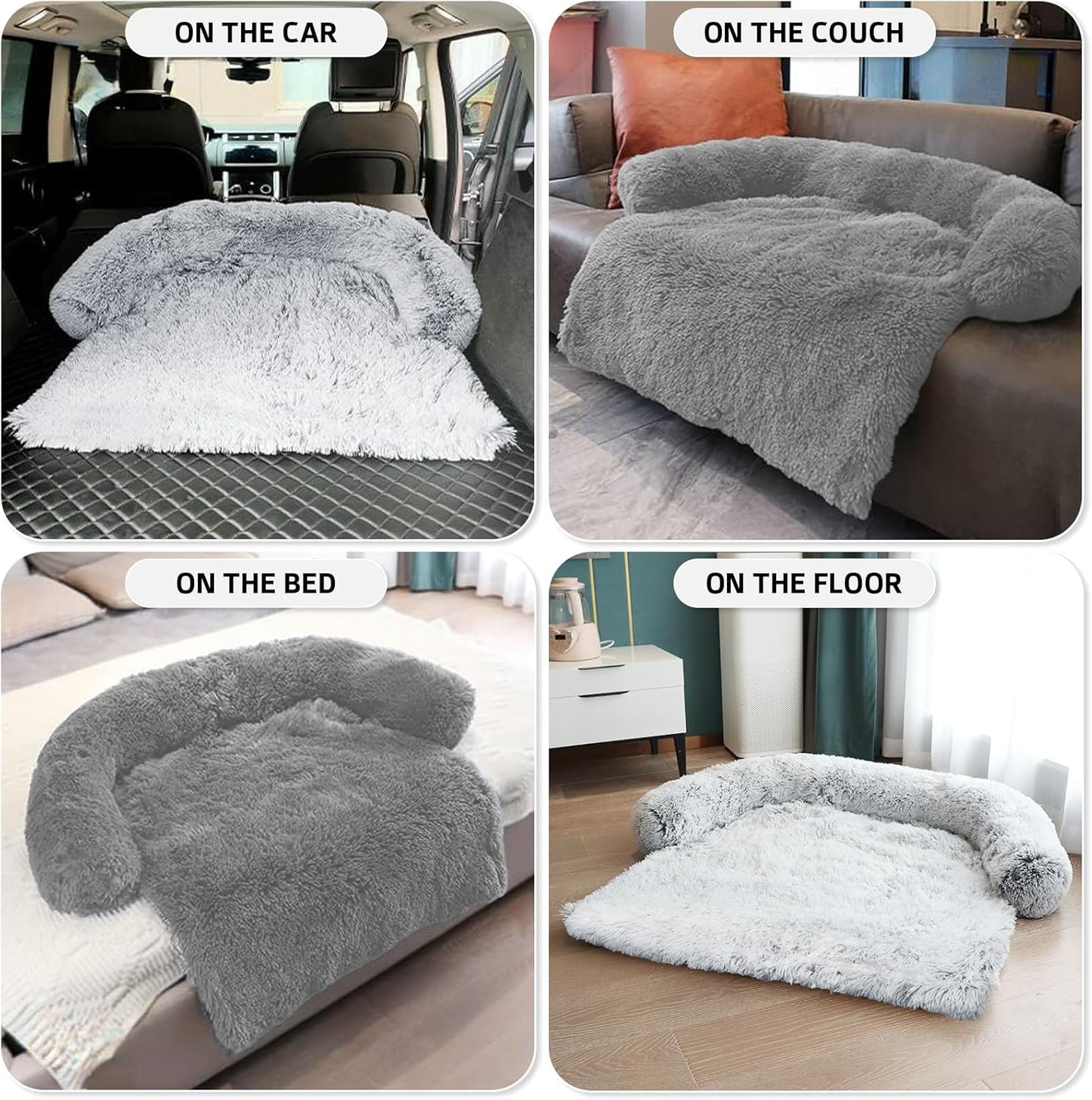 Calming Dog Bed Fluffy Plush Dog Mat for Furniture Protector with Removable Washable Cover for Large Medium Small Dogs and Cats (Large, Light Grey)