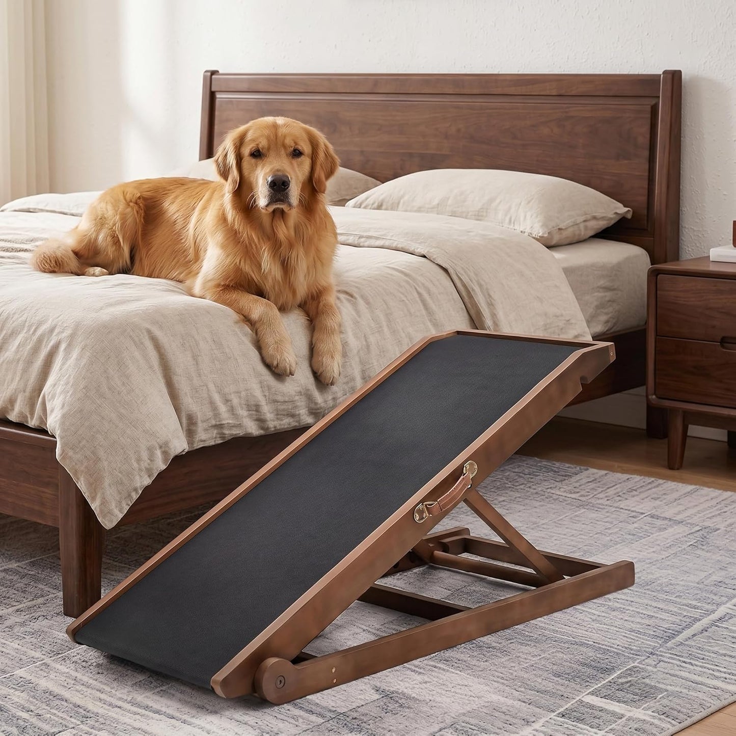 Dog Ramp for Bed, Adjustable Pet Ramps for Dog to Get on Bed, Non-Slip Rubber Surface - Folding Wooden Dog Ramp for Small/Large/Old Dogs, Adjustable up to 27.5 inch High Beds, Safety Railings