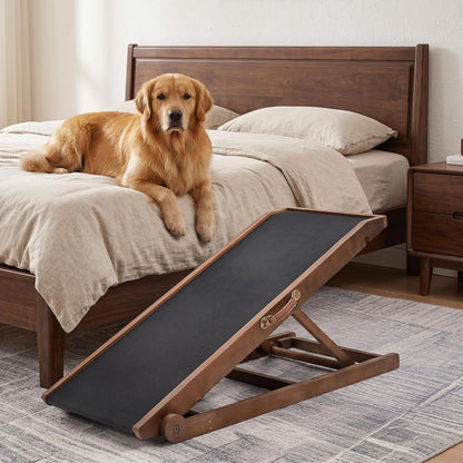 Dog Ramp for Bed, Adjustable Pet Ramps for Dog to Get on Bed, Non-Slip Rubber Surface - Folding Wooden Dog Ramp for Small/Large/Old Dogs, Adjustable up to 27.5 inch High Beds, Safety Railings