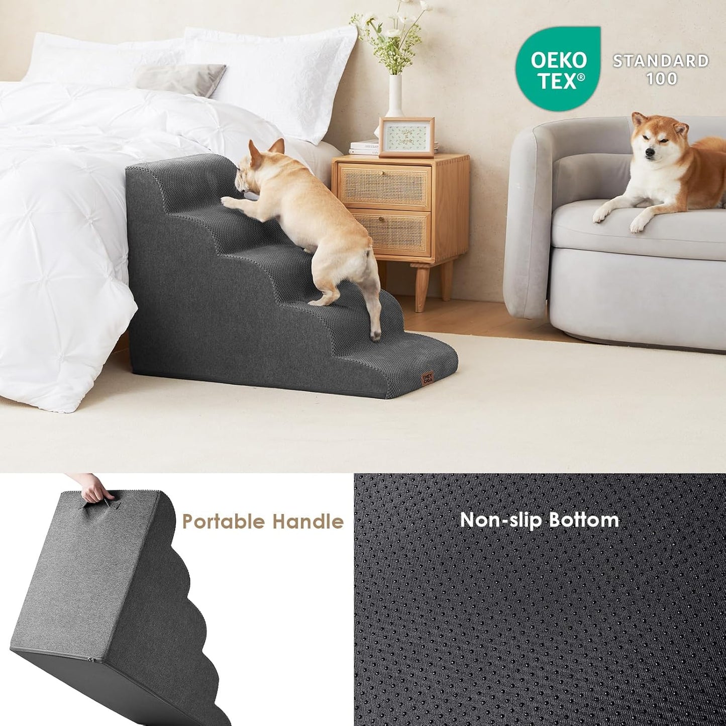 EHEYCIGA Curved Dog Stairs Ramp for High Beds 19.7" H, 4-Step Dog Steps for Small Dogs and Cats, Pet Stairs for High Bed Climbing, Non-Slip Balanced Pet Step Indoor, Grey