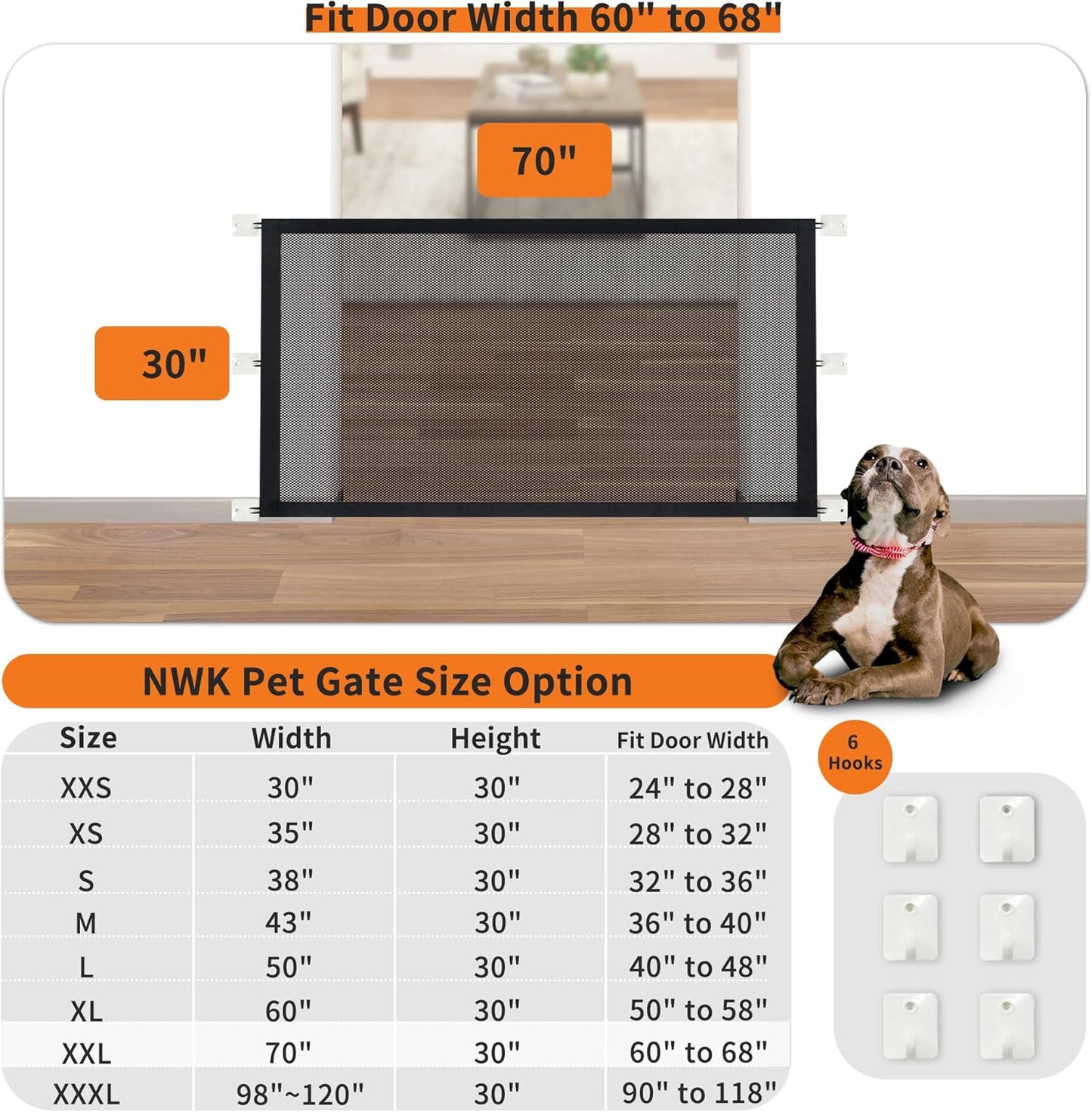 NWK Magic Dog Gate for Stairs Pet Gate for The House Providing a Safe Enclosure for Pets to Play and Rest, 6 Hooks Design (30'' X 43'')