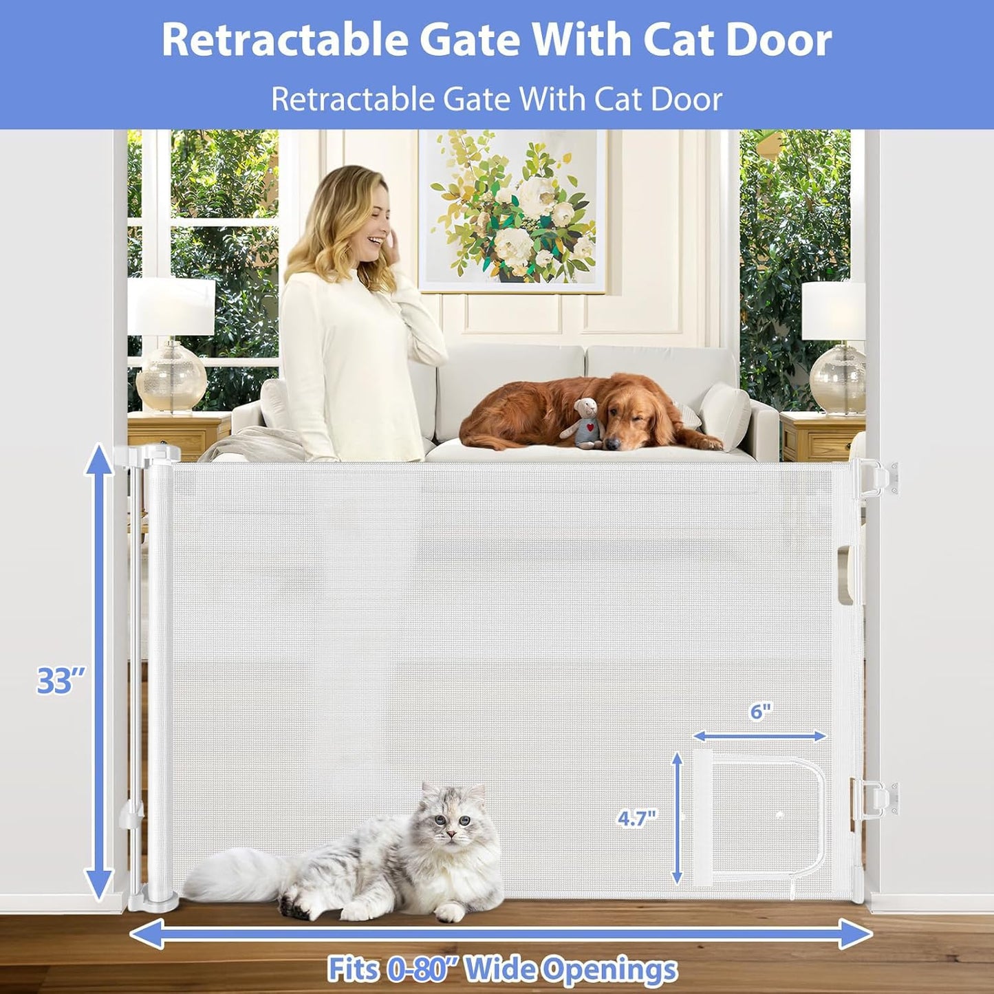 Retractable Baby Gates with Door 55" Wide Retractable Dog Gate with Pet Door Outdoor Retractable Gate for Dogs Mesh Baby Gate Retractable Pet Gate with Cat Door Retractable Child Gates for Doorways