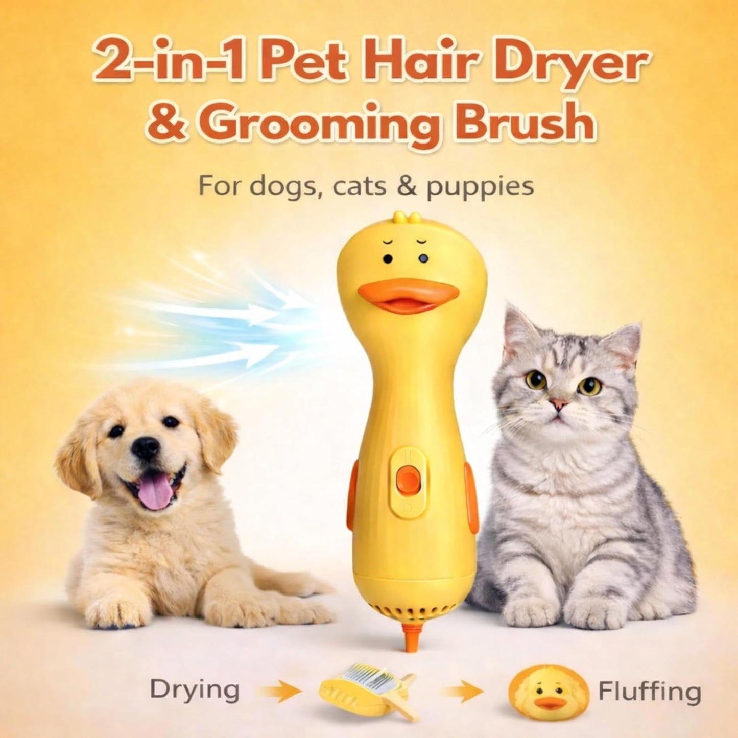 Pet Hair Dryer - Quiet Dog Blower Grooming Dryer – 2-in-1 Dog Dryer for Pet Grooming with Replaceable Slicker Brush, Compact Lightweight ABS Dogs Blower, Low Noise for Cats, Puppies & Dogs