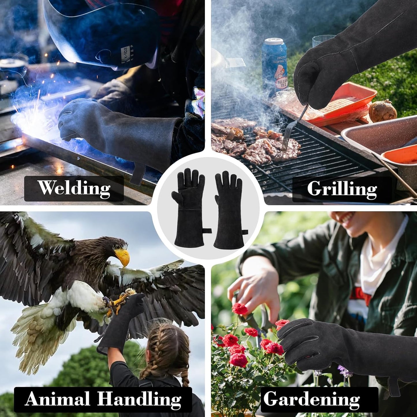 Heavy Duty Animal Handling Gloves - Cat Gloves Bite Proof, Ideal for Dog Training, Falconry, Welding, Gardening - 21.6 inch Grey Black