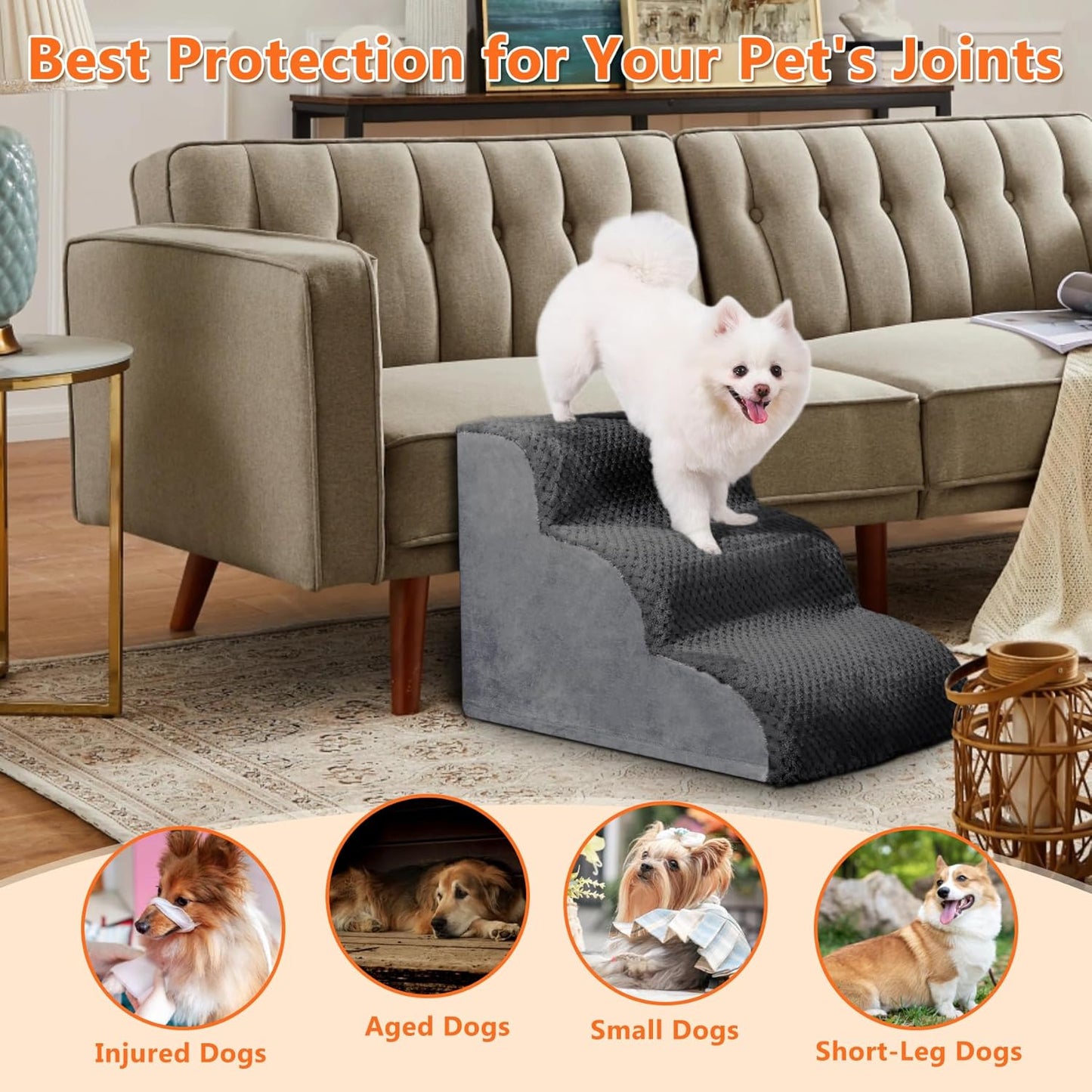 Dog Stairs Ramp, Curved 3-Step Dog Steps for Small Dogs and Cats, Pet Stairs for High Beds and Couch with Anti-Slip Washable Cover and Durable High Density Foam, Dark Grey
