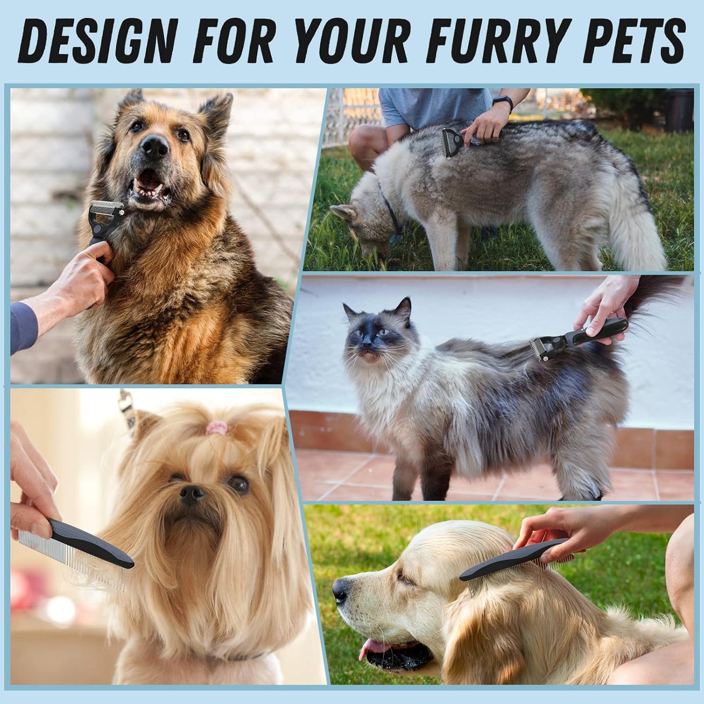 Docrok Pet Grooming Combo - Blue Deshedding Brush with Metal Comb for Detangling and Dematting Long, Matted Fur on Cats and Dogs
