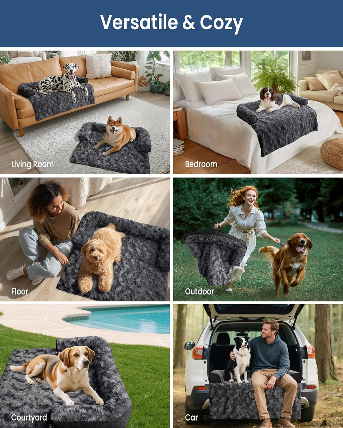 Calming Large Dog Bed for Couch, 41 x 37 inch Removable Couch Cover for Dogs Washable, Non-Slip Fluffy Plush Dog Sofa Mat for Furniture Protector - Grey