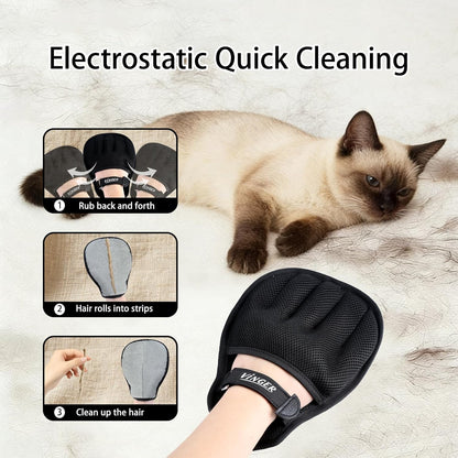 VINGER Pet Hair Removal Glove for Cats & Dogs, Electrostatic Pet Hair Gloves with Adjustable Wristband, Five-Finger Magic Brush Remover Tool for Laundry, Carpet, Couch, Car Seats & Clothing (Black)
