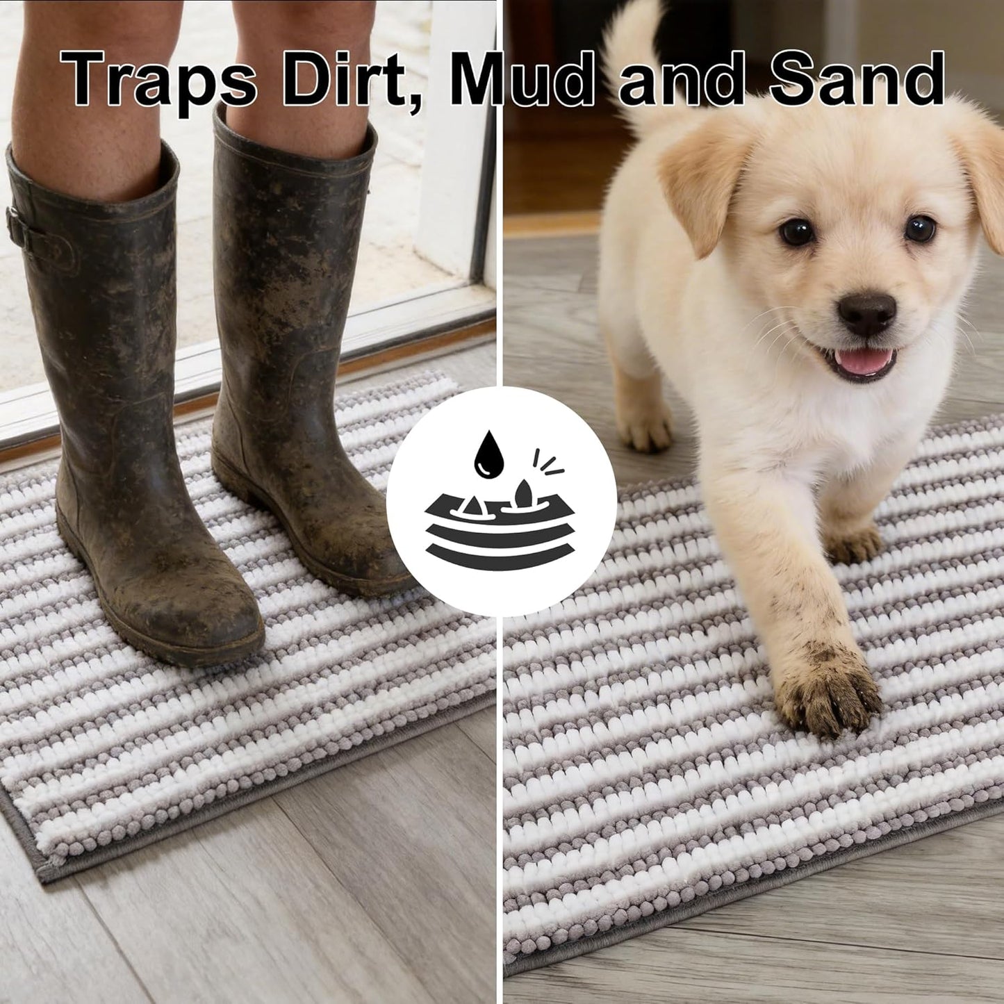 pobopobo Dog Door Mat for Muddy Paws - Absorbent & Washable Chenille Rug, Non-Slip Dirt Trapper for Indoor Outdoor Entryway, Quick Dry Pet Mat for Muddy Dogs (Striped Gray-Blue&White, 24" x 16")