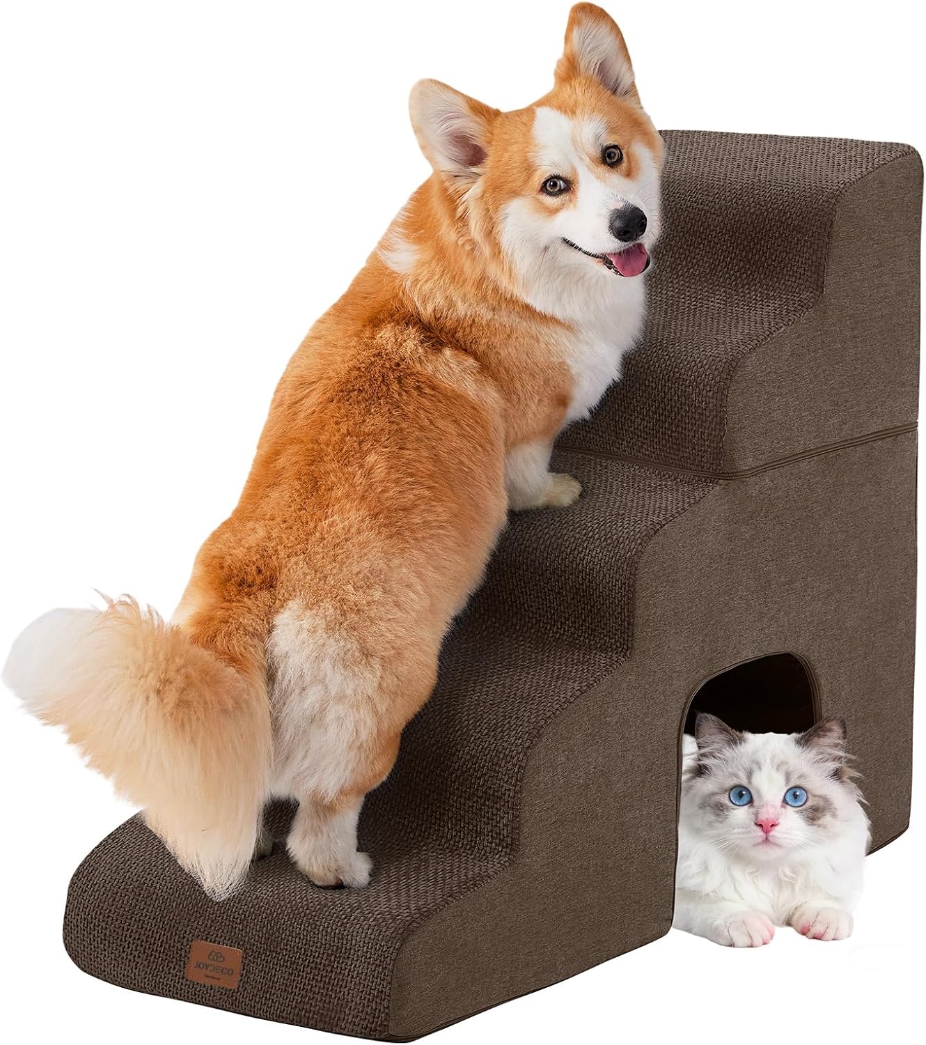 Joydeco Dog Stairs for Bed 17.1" H, 3-Step Pet Steps for Small Dogs and Cats, Dog Steps for High Bed, Non-Slip Balanced Ramp Indoor Pet Stairs, Beige
