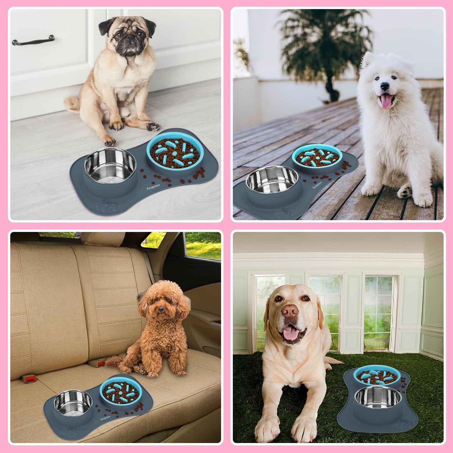 Anipaw Slow Feeder Dog Bowls 3 in 1 Stainless Steel Food and Water Bowls with Non-Spill and Skid Silicone Mat to Slow Down Eating for Large Medium Small Breed Size Dogs and Cats