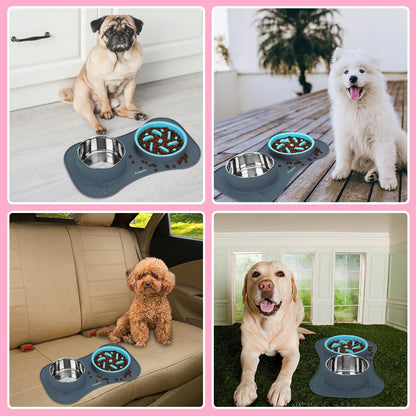 Anipaw Slow Feeder Dog Bowls 3 in 1 Stainless Steel Food and Water Bowls with Non-Spill and Skid Silicone Mat to Slow Down Eating for Large Medium Small Breed Size Dogs and Cats