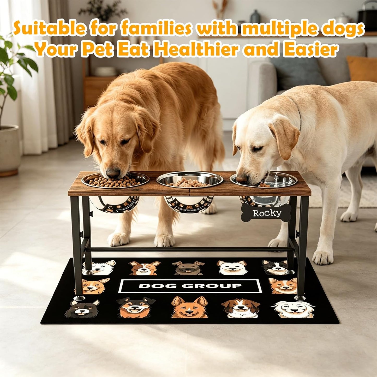 ADENGL Metal Raised Dog Bowl, 10" Tall Elevate Dog Feeder Stand with 2 Stainless Steel 42oz Bowls & 16x24 Non-Slip Mat – Stronger Dogs Food & Water Bowl Stand (Black)