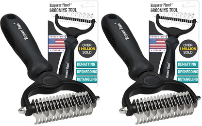 Maxpower Planet Dog Rake and Dog Hair Brush - Gently Removes Loose Undercoat, Mats and Tangled - Deshedding Grooming Tool for Dogs & Cats - Self Cleaning Slicker Brush - All Hair Types
