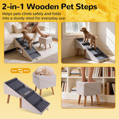 17.13" H Dog Stairs for Small Dogs, 2-in-1 Pet Steps & Ottoman - Foldable Dog Stairs for Couch, Non-Slip Wooden Pet Stairs for Puppy Senior Injured Dogs