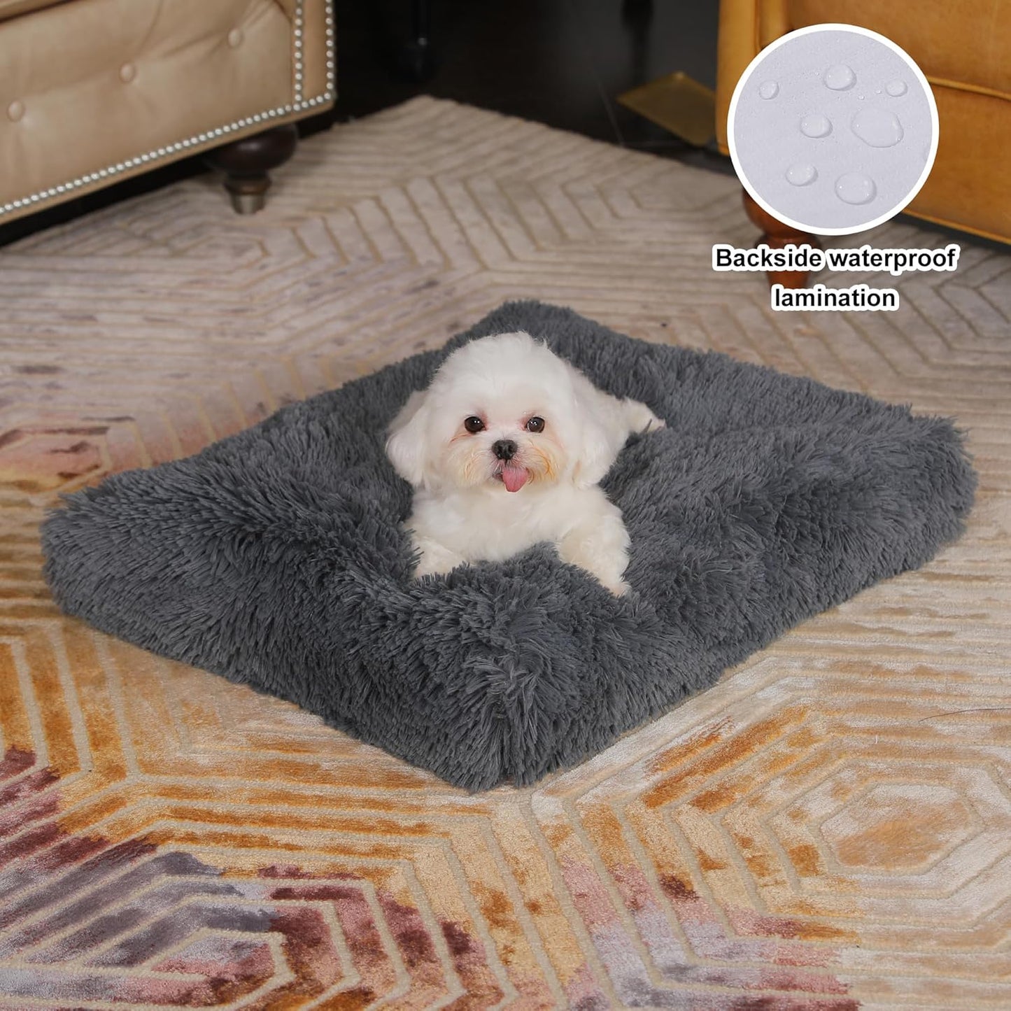 Bedfolks Waterproof Dog Crate Bed, Plush With Removable Washable Cover, Faux Fur Crate Pad for Medium Dogs, Fluffy Kennel 29"x21", Dark Grey