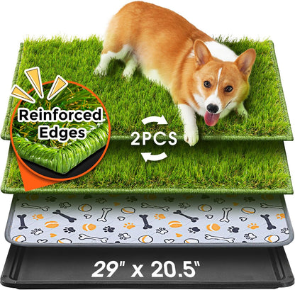 Hompet Dog Grass Pad with Tray Large, 35"x22.5", 2 Reusable Artificial Turf for Dogs Potty, Waterproof Non-Slip Washable Pee Pads, Quickly Absorbency Portable Dog Litter Box for Indoor/Outdoor Use