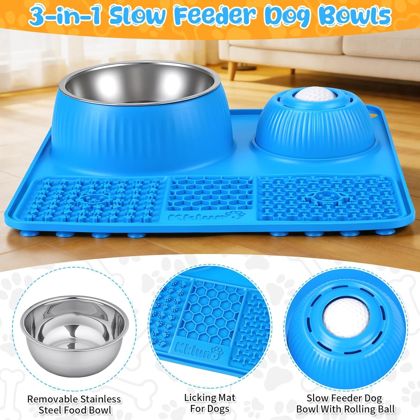 Dog Lick Bowl with Rolling Ball for Liquid and Thick Treat—3 in 1 Slow Feeder Dog Bowls+Lick Mat+50oz Stainless Steel Food Bowl,Anti-Slip 5/6 Cup Licking Toy for Medium Large Dogs and Cats Grey