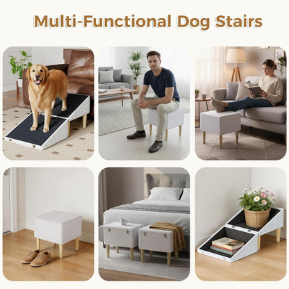 3-in-1 Dog Ramp Pet Stairs 18.9"x17.72"x19.29" with Hidden Storage Ottoman, Anti-Slip Steps for Small, Medium, Large, Senior & Injured Pets, 220LBS for Bed & Sofa, Green