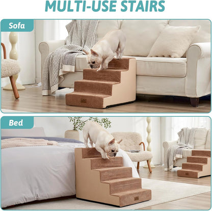 COZY KISS Dog Stairs for Small Dogs, 4 Tier Wider Pet Stairs for Couch and Beds, 17.7" H Non-Slip Dog Steps for Old Cats, Puppy, Small Medium Dogs, 17.7x23.6x17.7 inch, Beige