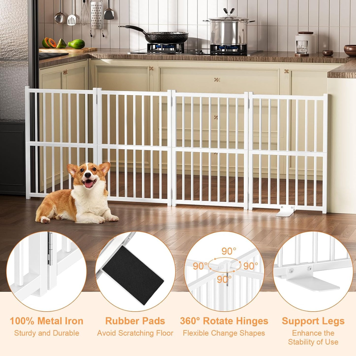 Snughome Short Dog Gate Indoor, 16" High Freestanding Small Dog Door Gates with Support Feet, Expands Up to 48’’ Wide Foldable Pet Gate for Doorway, 4 Panel Folding Pet Door Pet Fence for Puppy, White