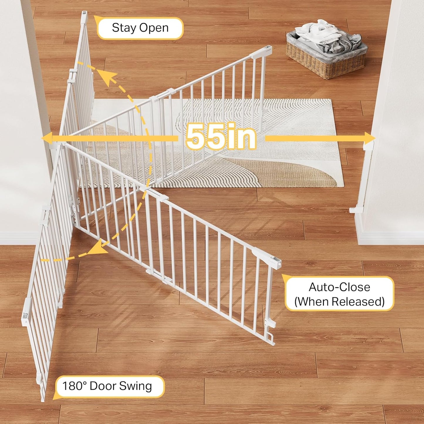 Cumbor 29.2–43" Baby Gate for Stairs, Hardware Mounted (Drill Required), Expandable No Bottom Bar Dog Gate, Auto Close Extra Wide Walk Thru, Pet & Toddler Proof Gate, Top & Bottom of Stairways(Black)