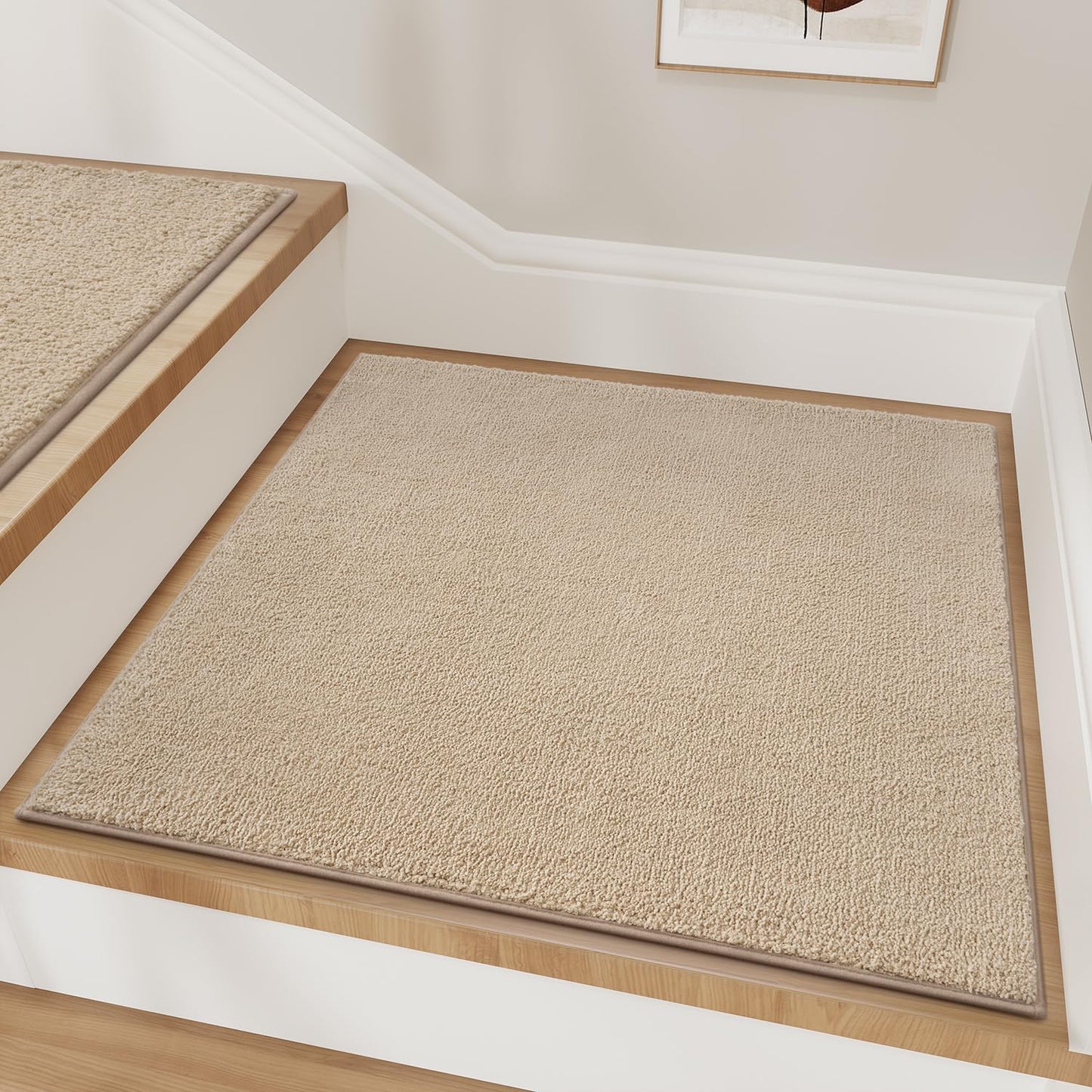 tchdio Stair Treads Landing Mat Non Slip, Soft Stair Treads for Wooden Steps Indoor, Stair Carpet Treads Reusable Adhesive for Kids Elders and Pets, Washable Stair Rugs Stair Runner 31"x31" Beige