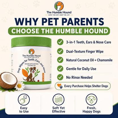 3-in-1 Dog Dental Wipes – Finger Wipes for Teeth, Ears & Snout Infused with Coconut Oil | Promotes Fresh Breath, Tartar Control & Daily Hygiene | Gentle Grooming Wipes for All Dogs – 50 Count