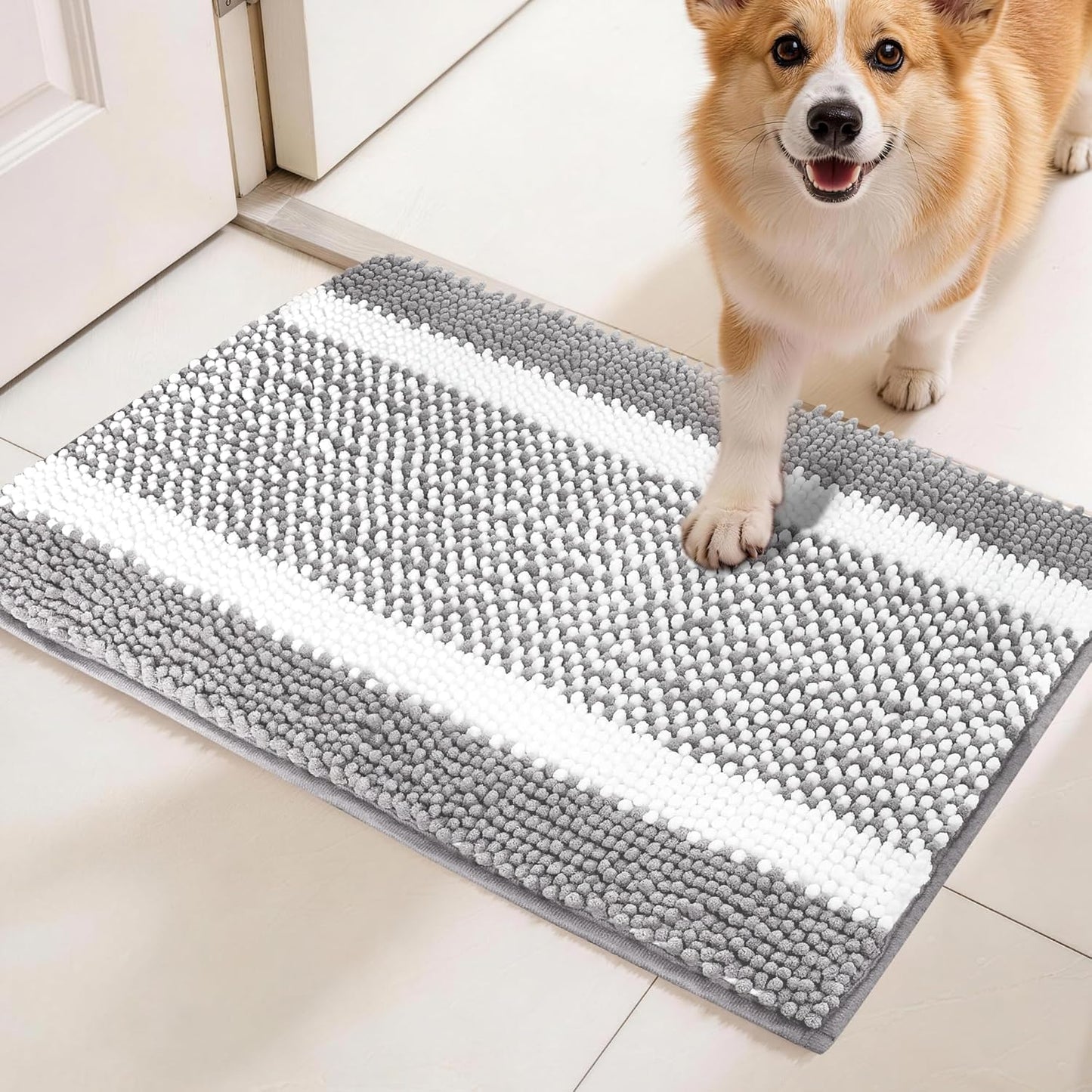 pobopobo Dog Door Mat for Muddy Paws - Absorbent & Washable Chenille Rug, Non-Slip Dirt Trapper for Indoor Outdoor Entryway, Quick Dry Pet Mat for Muddy Dogs (Striped Gray-Blue&White, 24" x 16")