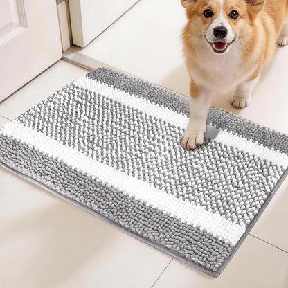 pobopobo Dog Door Mat for Muddy Paws - Absorbent & Washable Chenille Rug, Non-Slip Dirt Trapper for Indoor Outdoor Entryway, Quick Dry Pet Mat for Muddy Dogs (Striped Gray-Blue&White, 24" x 16")