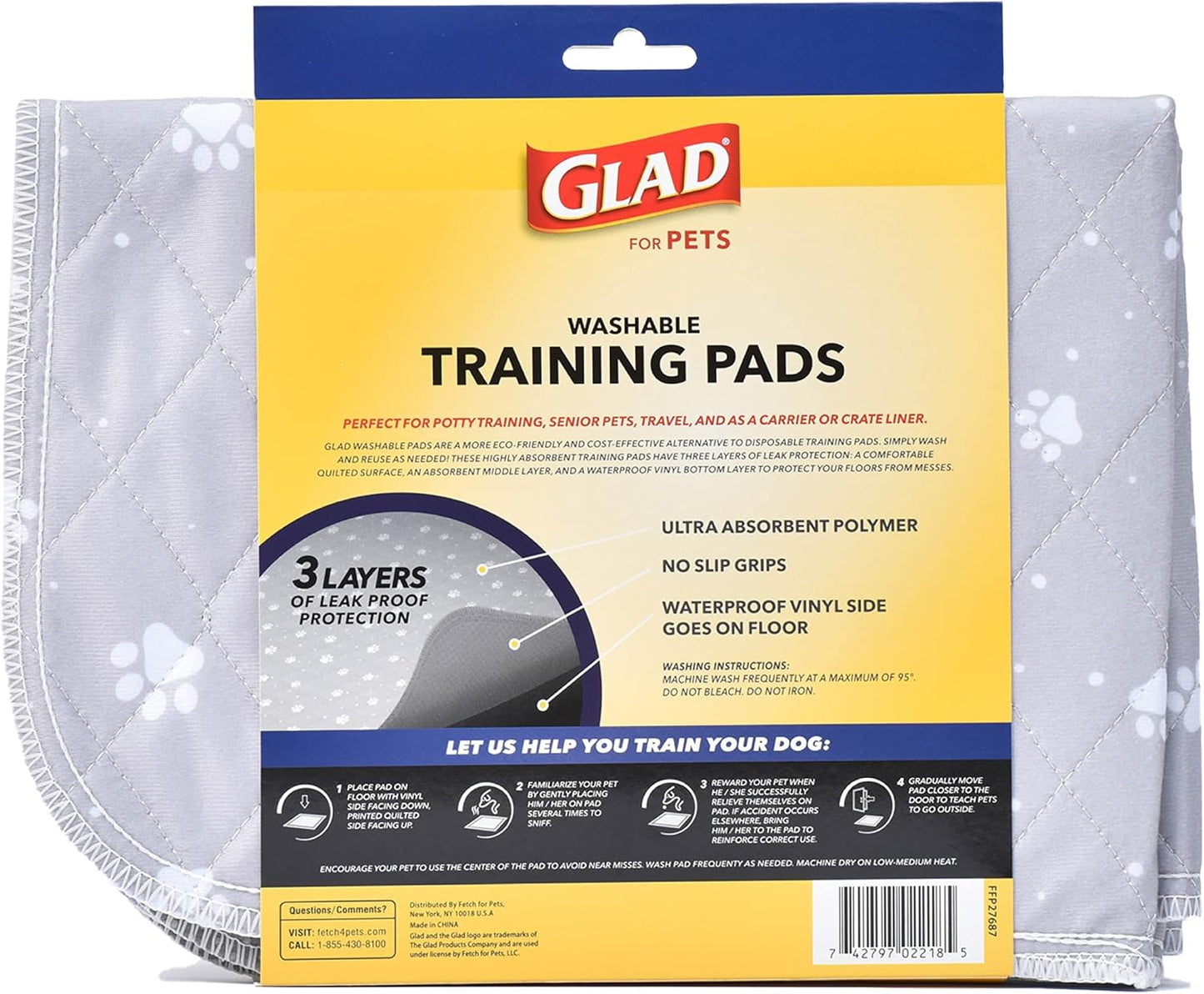 Glad for Pets Washable Dog Pee Pads, Medium, 24 x 36 Inch, 2 Count, Gray with Paw Prints, 3-Layer Leak Protection, No-Slip Vinyl Bottom, Reusable Puppy Training Pads
