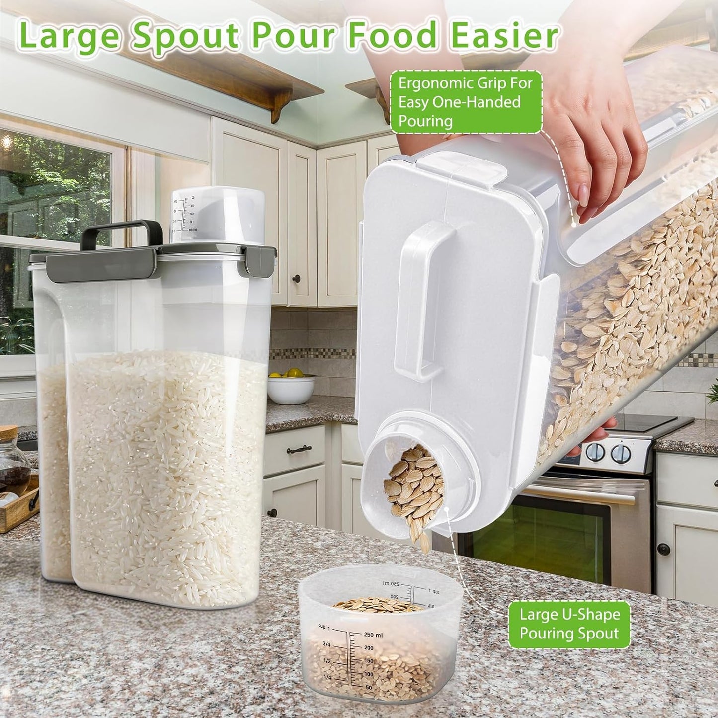 Viretec Rice Airtight Storage Container, 3 to 5Lbs Cereal Dry Food Flour Bin, Pet Dog Cat Food Dispenser with Measuring Cup, BPA Free Clear Plastic Kitchen and Pantry Organization Bin for Sugar
