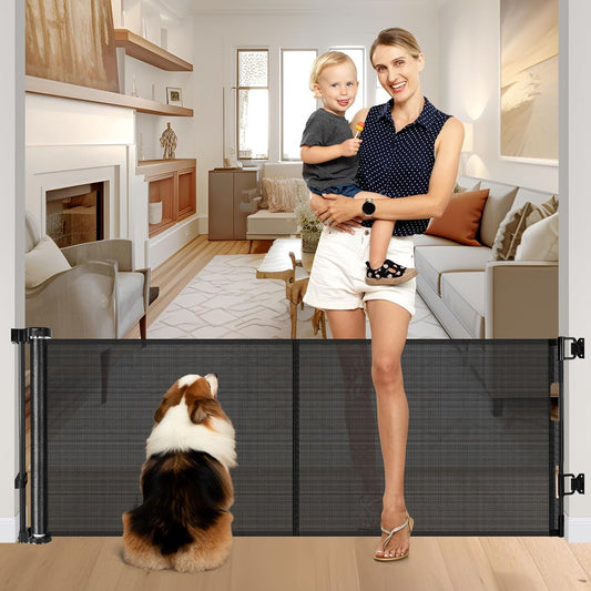 Reinforced 28 Inch Tall Retractable Baby Gates for Dogs, Easy Step Over Pet Gate with Support Rods, 55" Wide Retractable Dog Gate, Puppy Gates for The House Short Dog Gate for Stairs, Doorways, White