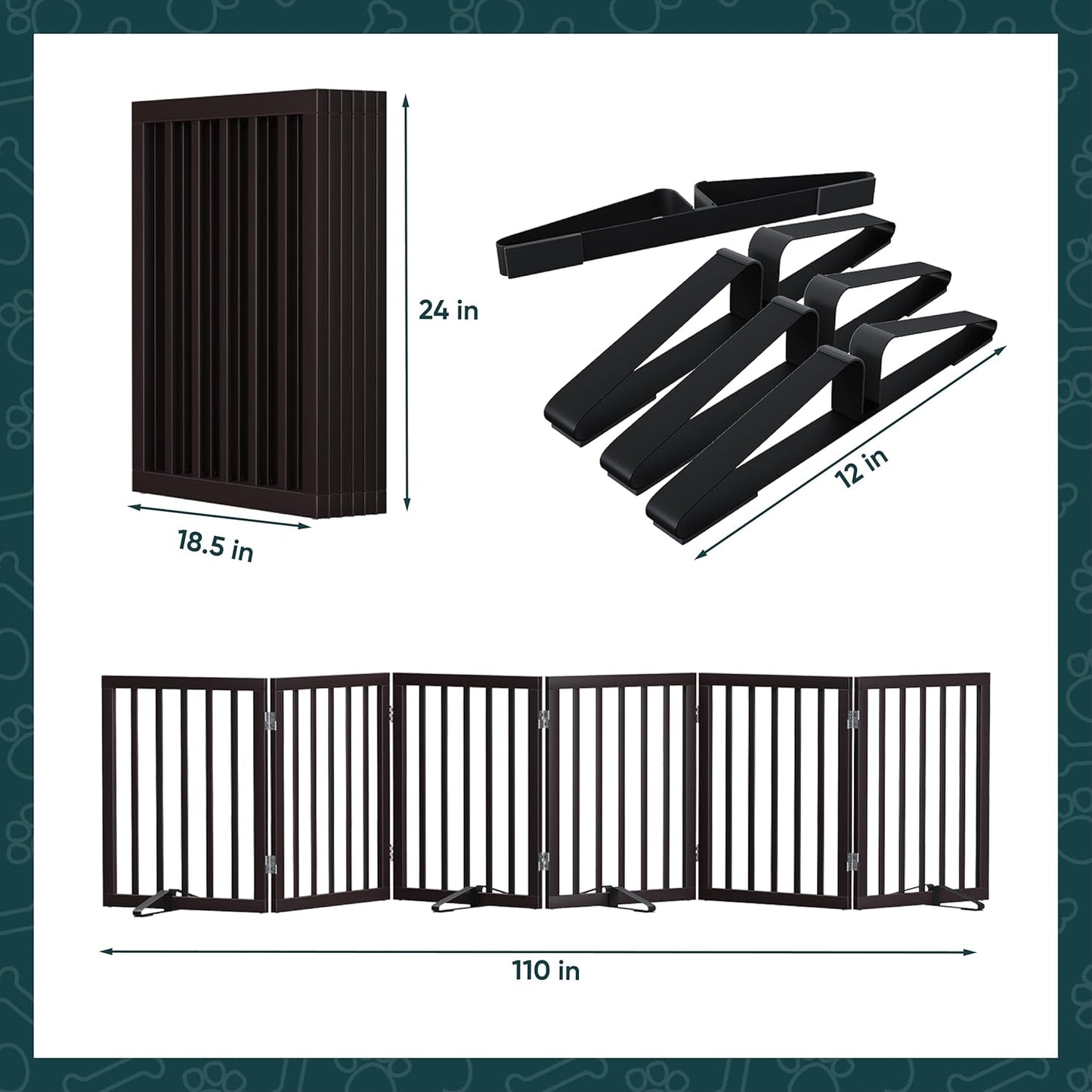 Freestanding Dog Gates Indoor, 3-Panel Pet Gates with 2 Metal Stands and 360° Hinge, 24" H Foldable Dog Gate for Stairs, Doorway, Kitchen, Expands Up to 55" Fully Assembled - Black Walnut