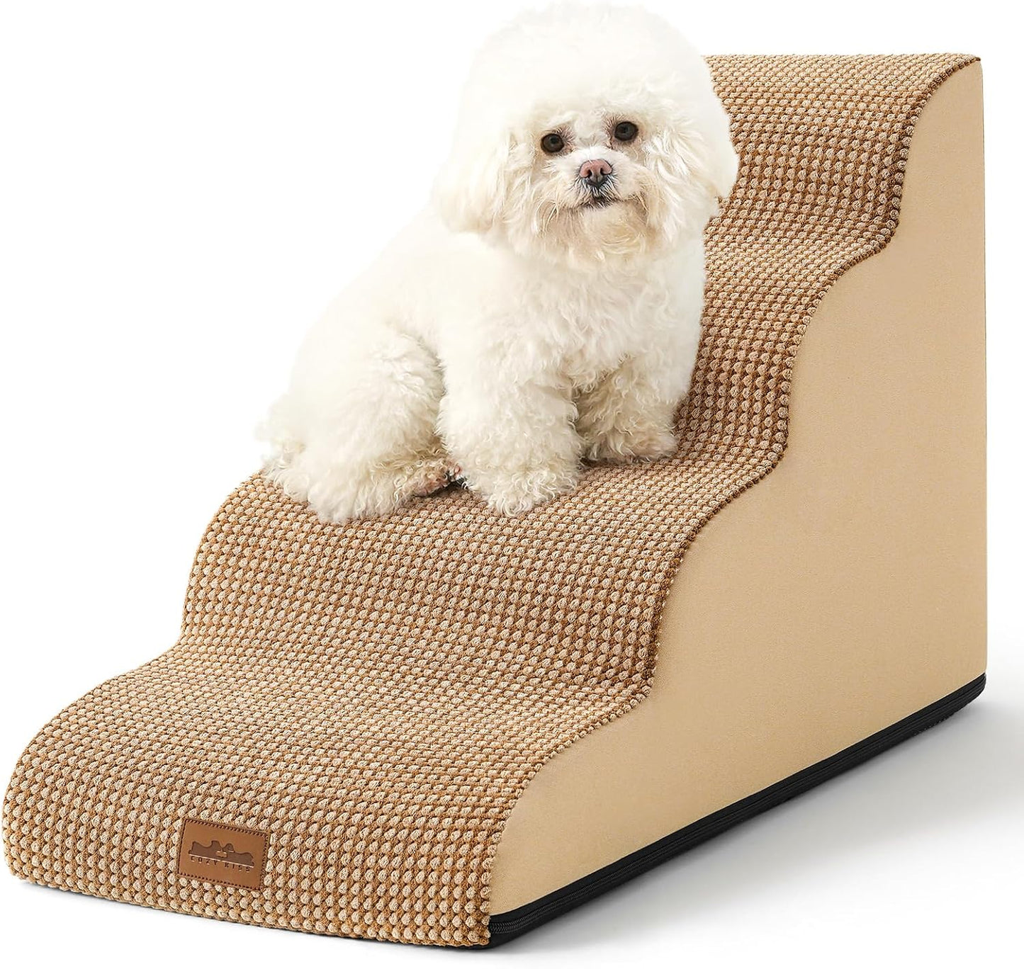 COZY KISS Dog Stairs for Small Dogs 15.7" H, Curved Dog Step for Puppy, Older Cat, Medium Pet Ramp for Sofa, Couch or Chair, Ladder with High Density Foam, 3 Step, 15.7x22.4x15.7 inch, Beige