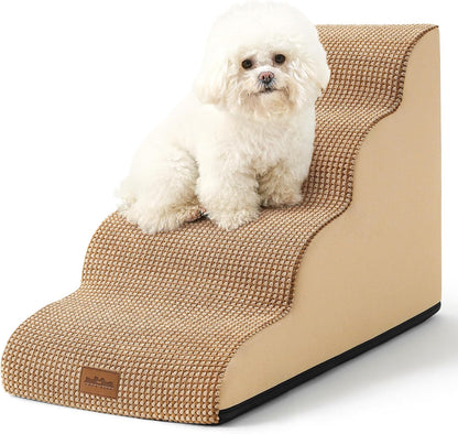 COZY KISS Dog Stairs for Small Dogs 15.7" H, Curved Dog Step for Puppy, Older Cat, Medium Pet Ramp for Sofa, Couch or Chair, Ladder with High Density Foam, 3 Step, 15.7x22.4x15.7 inch, Beige