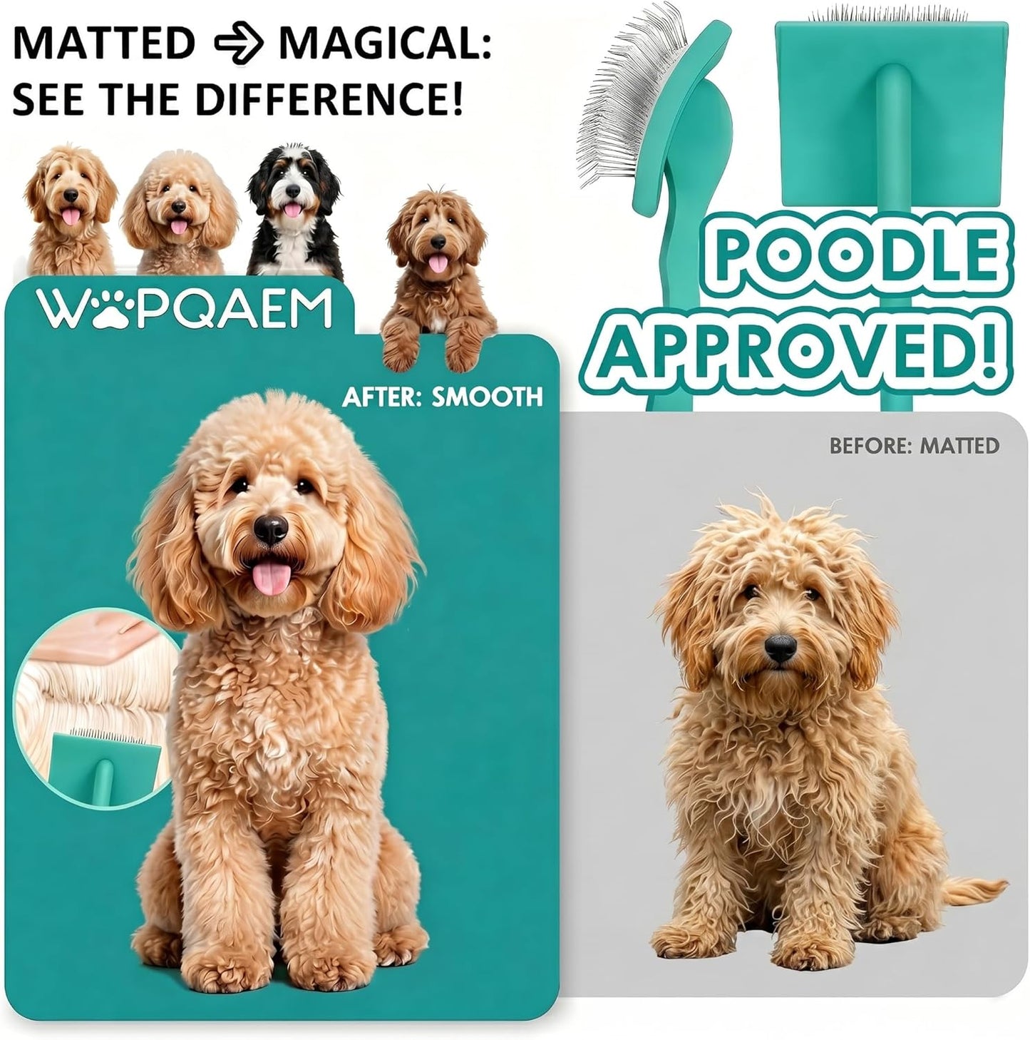 Slicker Brush for Doodles and Poodles - 2-Piece Solid Wood Dog Grooming Set with Extra Long Pin Dematting Tool and Metal Comb for Curly, Matted & Thick Hair, Purple