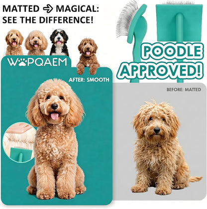 Slicker Brush for Doodles and Poodles - 2-Piece Solid Wood Dog Grooming Set with Extra Long Pin Dematting Tool and Metal Comb for Curly, Matted & Thick Hair, Purple